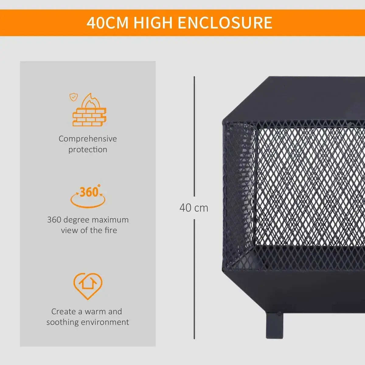 Square Fire Pit Metal Mesh Brazier, 44×44×40cm, Black, Outdoor with Lid, Log Grate, Poker for Backyard Camping Bonfire Wood Burning Stove