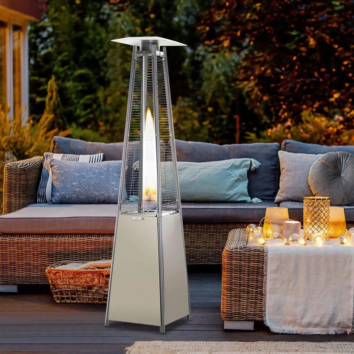Stainless Steel Outdoor Garden Pyramid Patio Heater with Wheels Rain Cover, Silver
