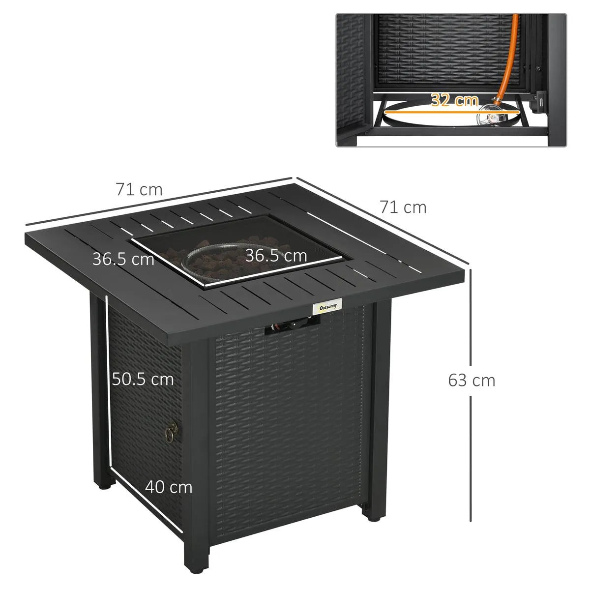 Gas Fire Pit Table Rattan-style Square, 40,000 BTU, Black, Propane Smokeless with Thermocouple, Lava Rocks, Waterproof Cover, Spark Guard and Lid for Patio