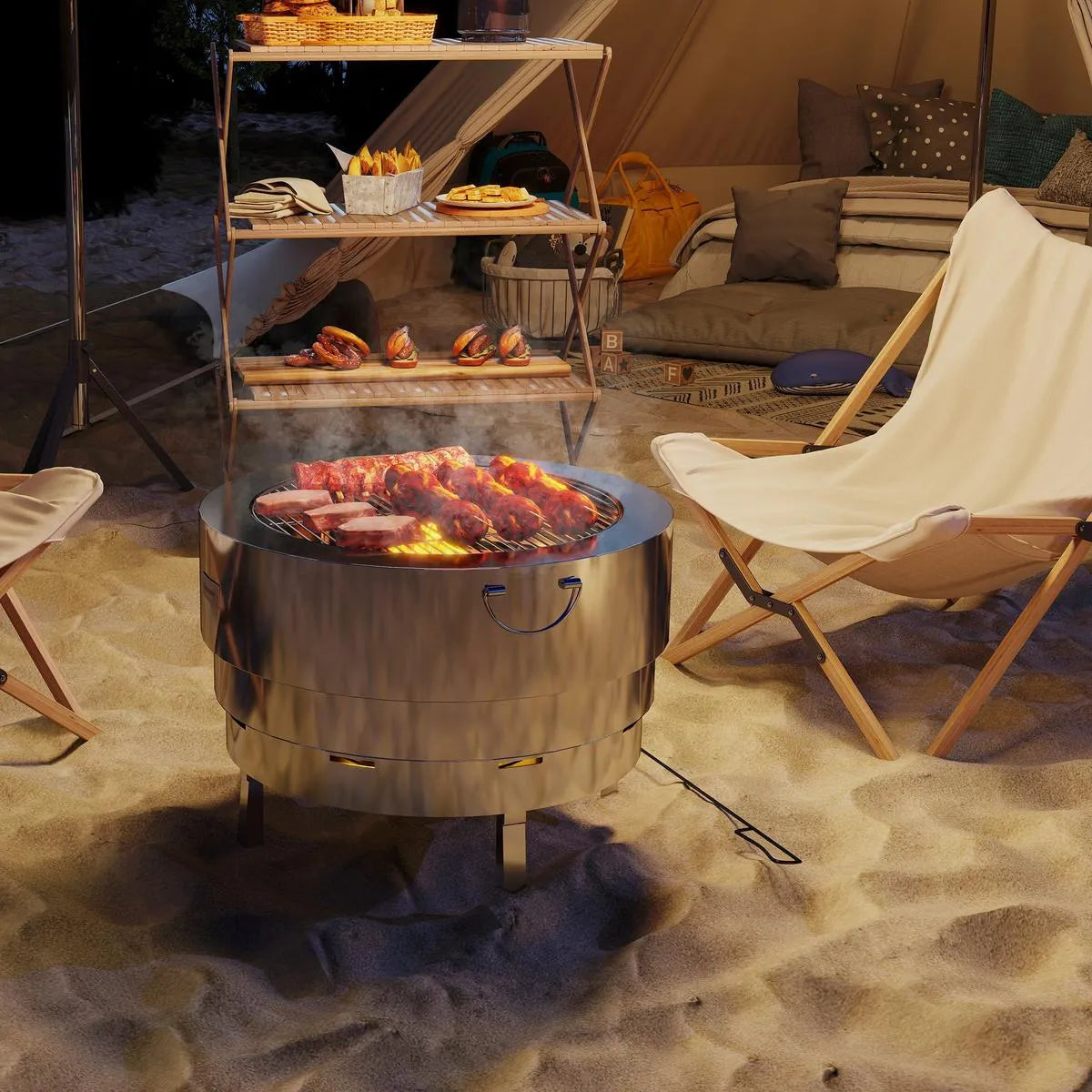 Fire Pit Wood-burning Stainless Steel with Fire Poker, Silver