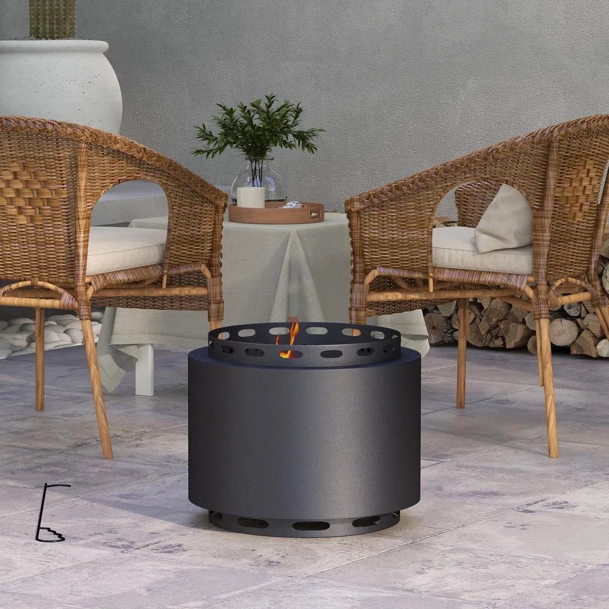 Smokeless Fire Pit Portable Wood Burning, 48.5cm, Black with Poker for Garden Camping Bonfire Party