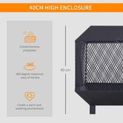 Square Fire Pit Metal Mesh Brazier, 44×44×40cm, Black, Outdoor with Lid, Log Grate, Poker for Backyard Camping Bonfire Wood Burning Stove