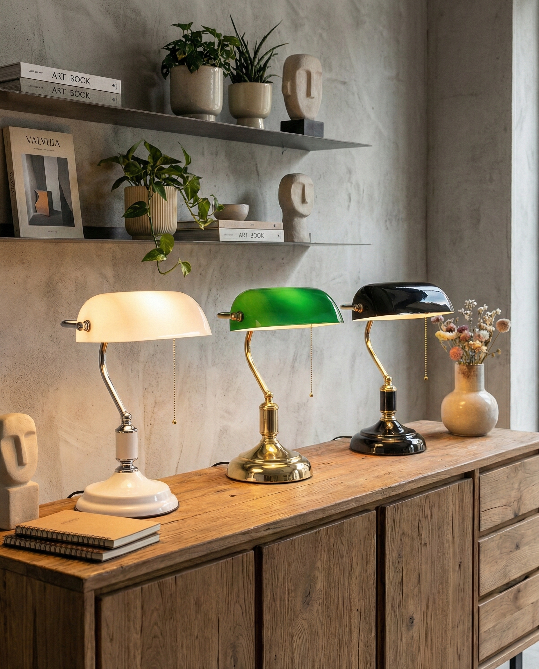 ANTIK banker's designer desk lamp casting warm ambient light over a coffee table — DecoHarmonie