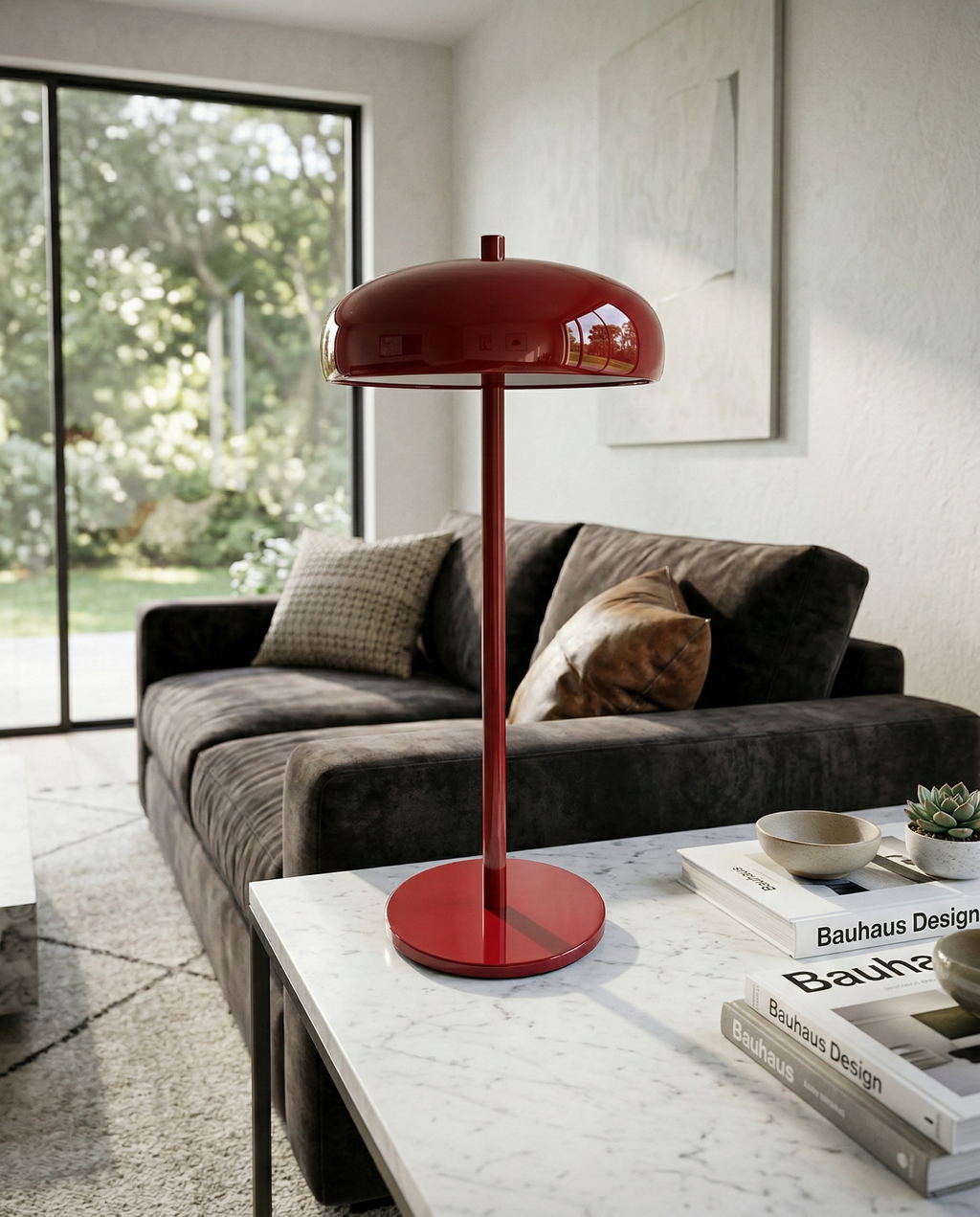 NARI cordless designer table lamp casting warm ambient light over a coffee table — DecoHarmonie