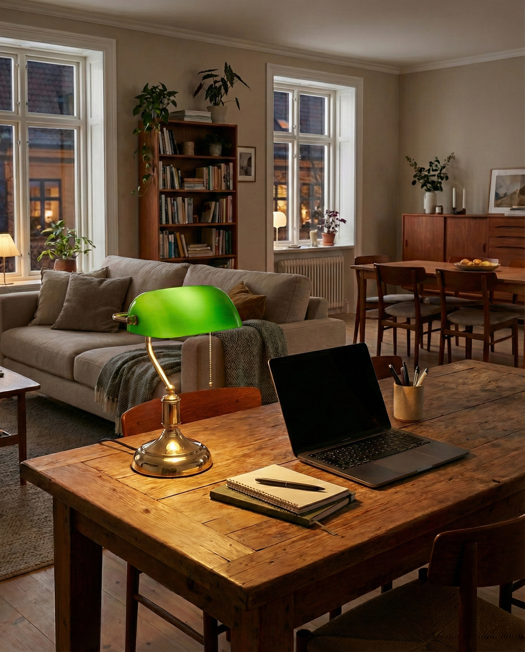 ANTIK banker's designer desk lamp softening the light in a contemporary lounge — DecoHarmonie
