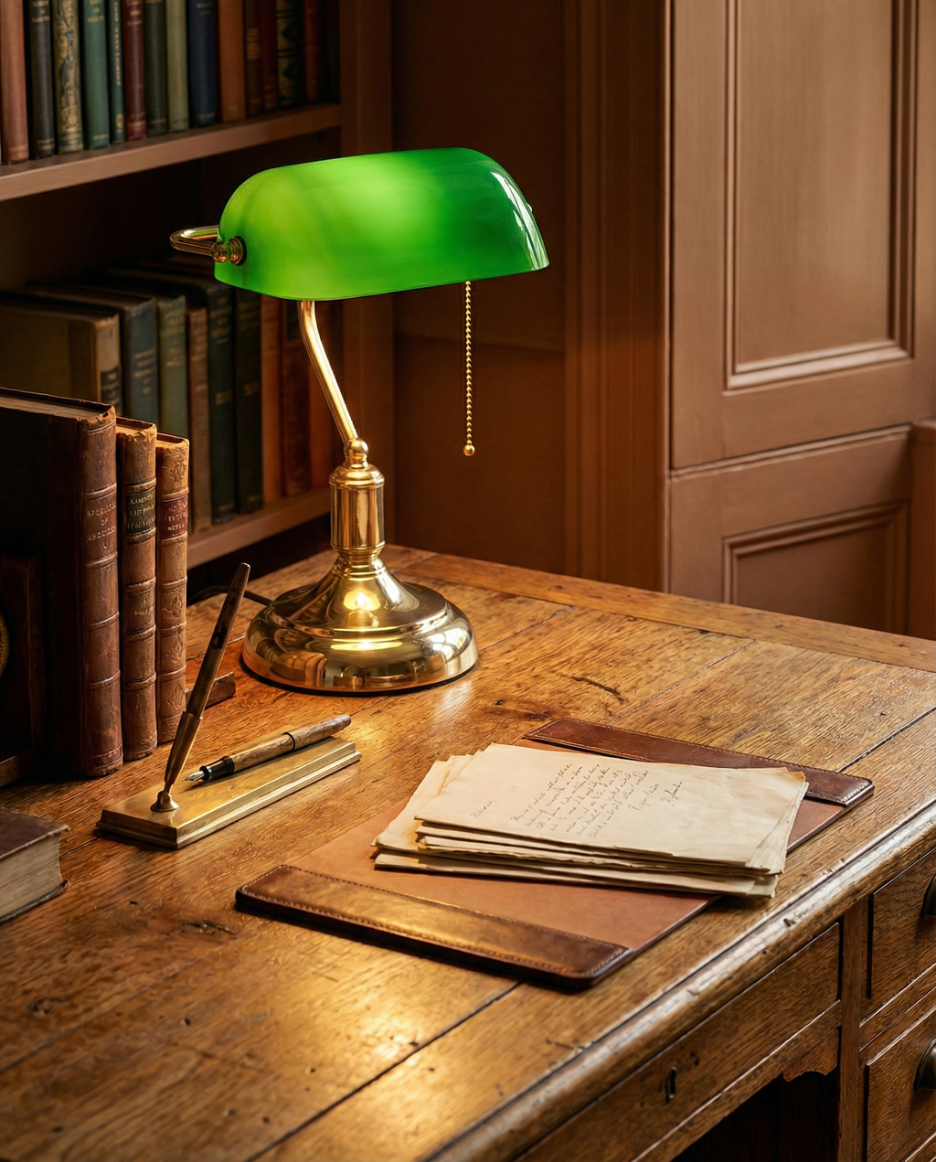 ANTIK banker's designer desk lamp shown on a bedside table in a modern bedroom — DecoHarmonie