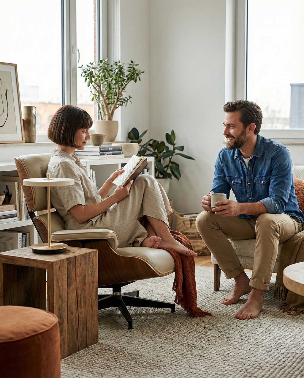 SKEN cordless designer table lamp casting warm ambient light over a coffee table — DecoHarmonie