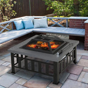 Square Fire Pit Metal Brazier, 86×86×54cm, Black, Outdoor with Rain Cover, Lid, Log Grate, Poker for Backyard Camping BBQ Bonfire Wood Burning Stove
