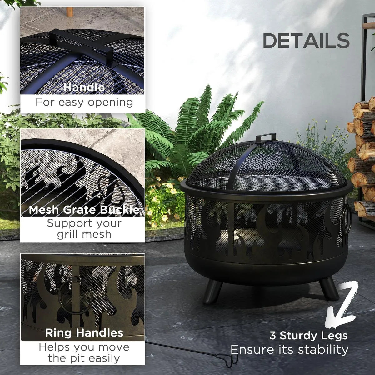 Fire Pit Steel BBQ with Poker, Black