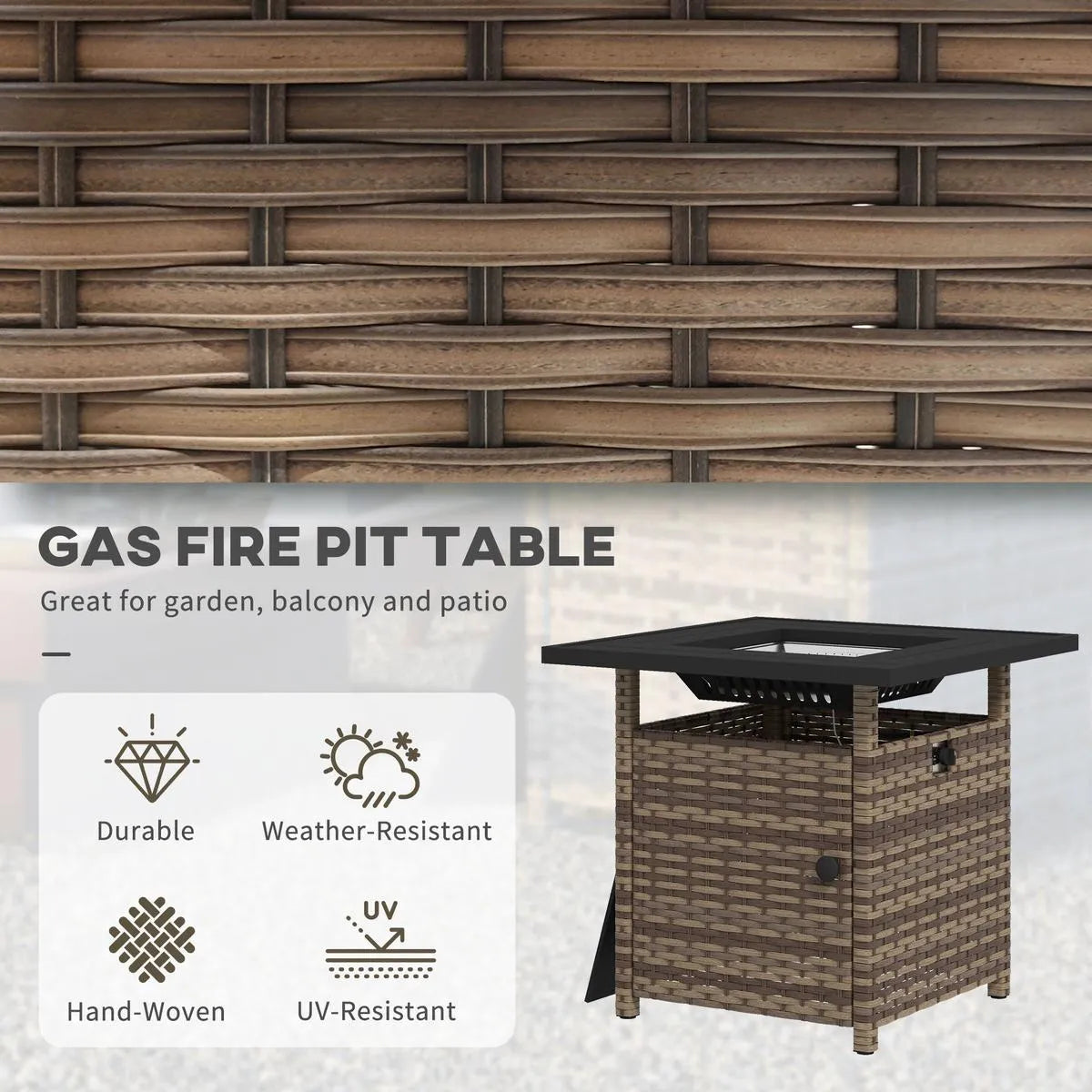 Fire Pit Table, 50,000 BTU, 72.5×72.5cm, Brown with Cover