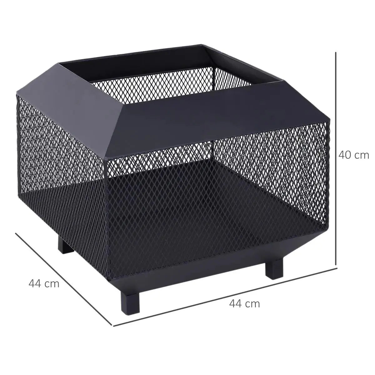 Square Fire Pit Metal Mesh Brazier, 44×44×40cm, Black, Outdoor with Lid, Log Grate, Poker for Backyard Camping Bonfire Wood Burning Stove