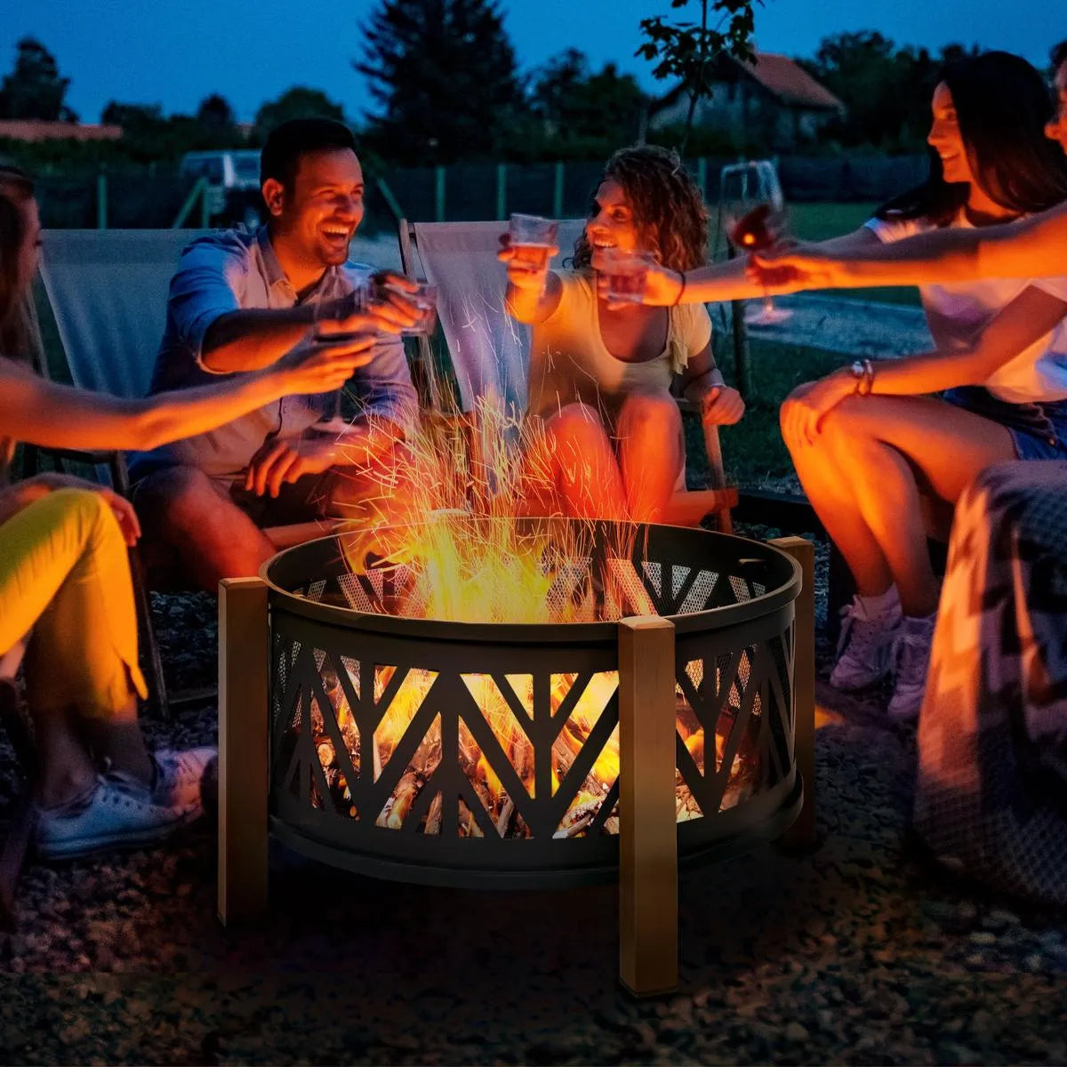 Round Fire Pit Metal Bowl 2-in-1 Brazier, 78×78×60cm, Black, Outdoor with Lid, BBQ Grill, Poker for Backyard Camping Bonfire Wood Burning Stove