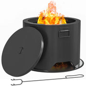 Fire Pit Round Outdoor with Lid and Fire Poker, Black