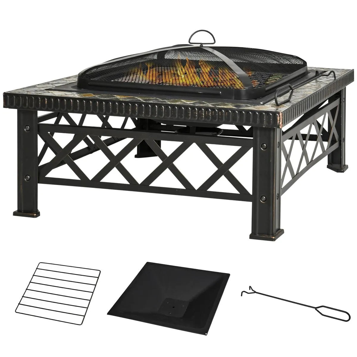 Fire Pit Table Square 3-in-1 Wood Burning Brazier, 76×76×47cm, Black, Outdoor with BBQ Grill, Ice Bucket, Grill Grate, Log Grate, Lid, Poker for Garden Camping Bonfire