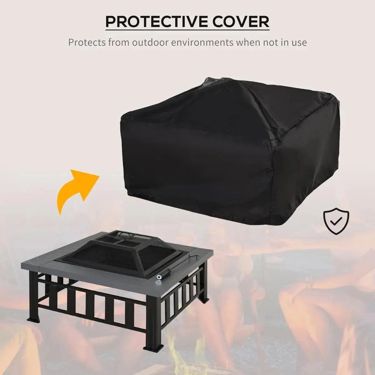 Square Fire Pit Metal Brazier, 86×86×54cm, Black, Outdoor with Rain Cover, Lid, Log Grate, Poker for Backyard Camping BBQ Bonfire Wood Burning Stove