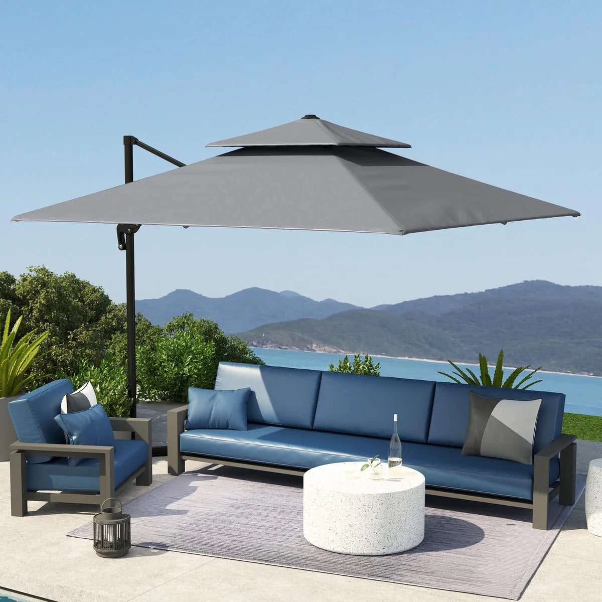 Cantilever Parasol 3x3m Aluminium Frame Crank Tilt 360° Rotation Double Top Garden Umbrella with Cover Cross Base Only, Light Grey