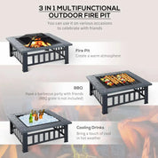 Square Fire Pit Metal Brazier, 86×86×54cm, Black, Outdoor with Rain Cover, Lid, Log Grate, Poker for Backyard Camping BBQ Bonfire Wood Burning Stove