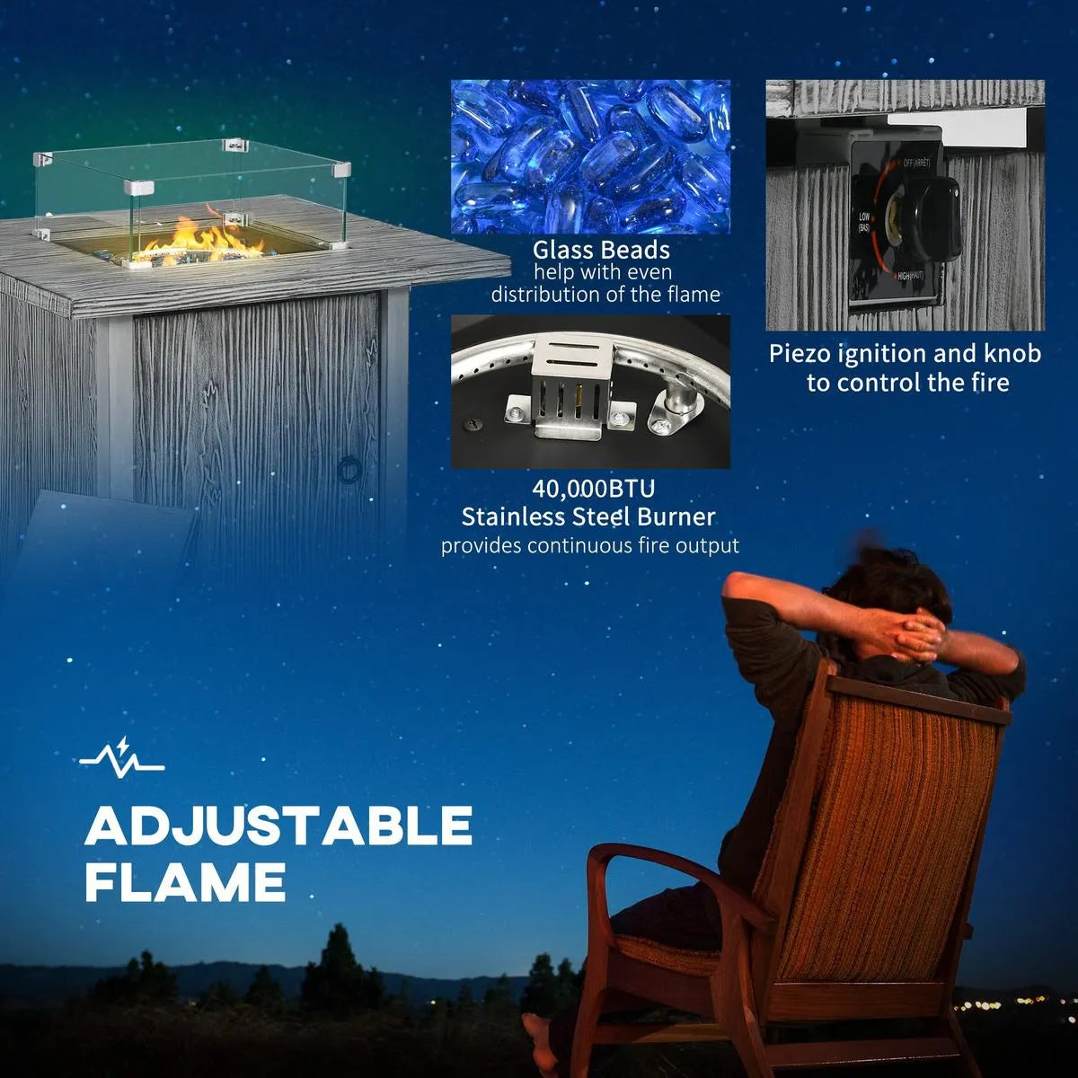 Gas Fire Pit Table, 50,000 BTU, Grey with Cover and Glass Screen