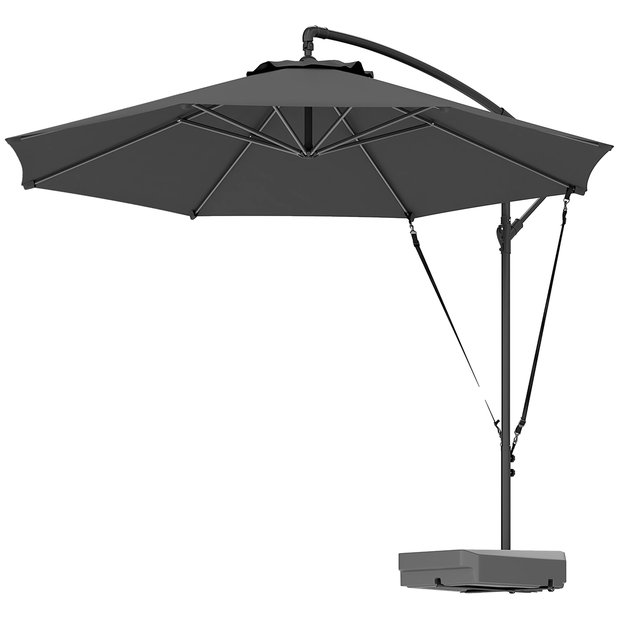 Garden Cantilever Parasol 3m with Fillable Base up to 90kg Wind Strap Cover Round Banana Hanging Umbrella Crank Tilt UPF50+, Grey