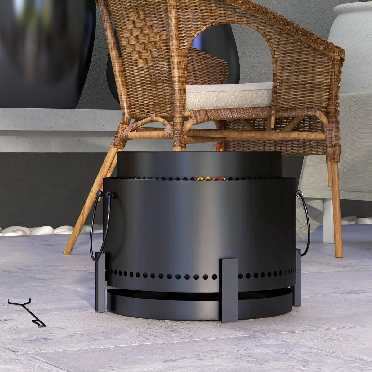 Smokeless Fire Pit Portable Wood Burning with Ash Catcher, 37cm, Black with Poker for Garden Camping Bonfire Party