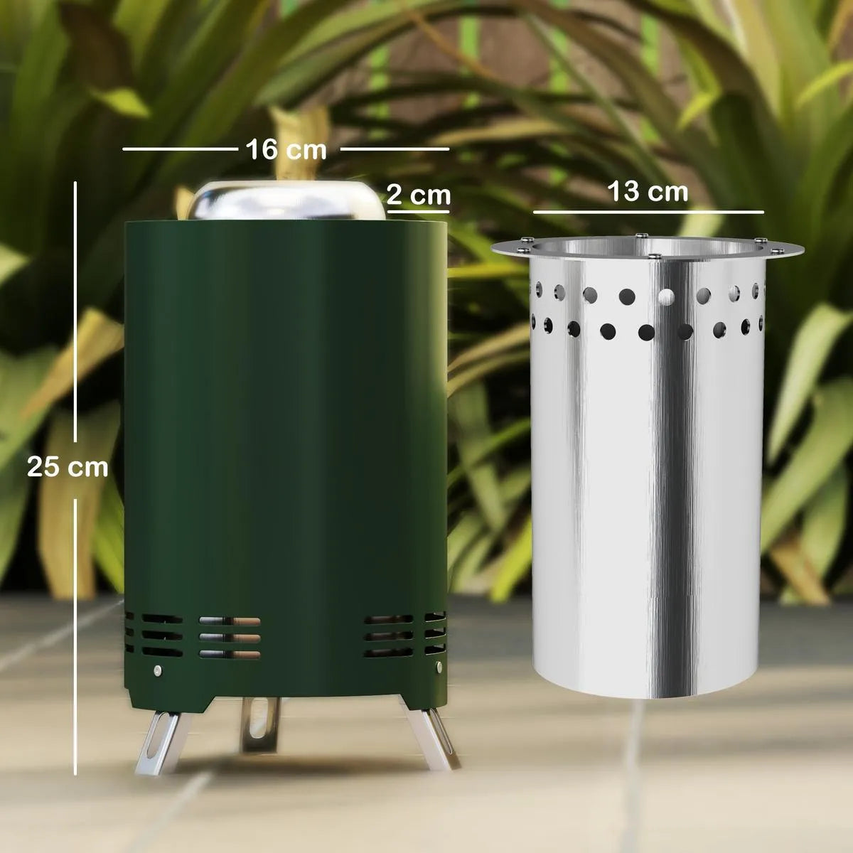 Fire Pit Portable Stainless Steel, 16×16cm, Green with Poker for Garden Camping Bonfire Party, Smokeless Wood- or Pellet-Fuelled Tabletop