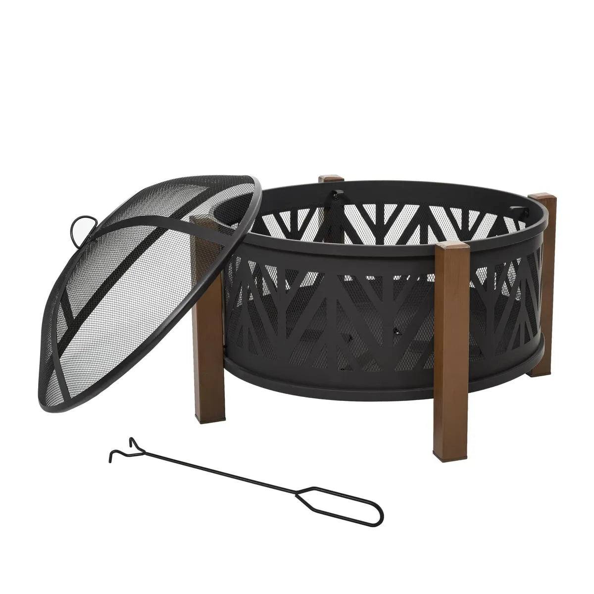 Round Fire Pit Metal Bowl 2-in-1 Brazier, 78×78×60cm, Black, Outdoor with Lid, BBQ Grill, Poker for Backyard Camping Bonfire Wood Burning Stove