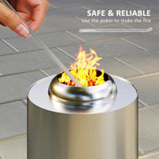 Fire Pit Portable Stainless Steel, 16×16cm, Silver Tone with Poker for Garden Camping Bonfire Party, Smokeless Wood- or Pellet-Fuelled Tabletop