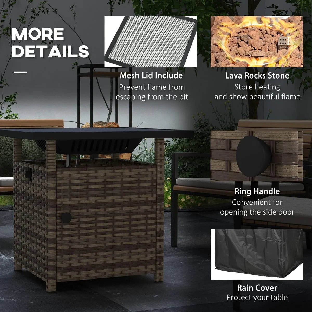 Fire Pit Table, 50,000 BTU, 72.5×72.5cm, Brown with Cover
