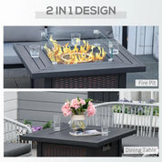 Gas Fire Pit Table Square Propane, 50,000 BTU, 81×81×64cm, Black, Rattan Smokeless with Glass Screen, Glass Beads and Lid for Patio