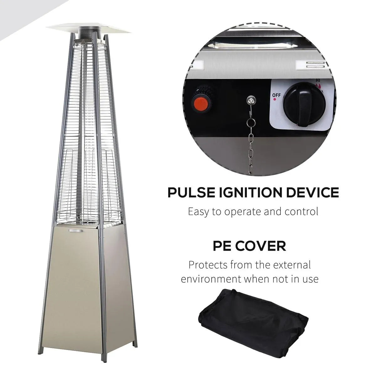 Stainless Steel Outdoor Garden Pyramid Patio Heater with Wheels Rain Cover, Silver