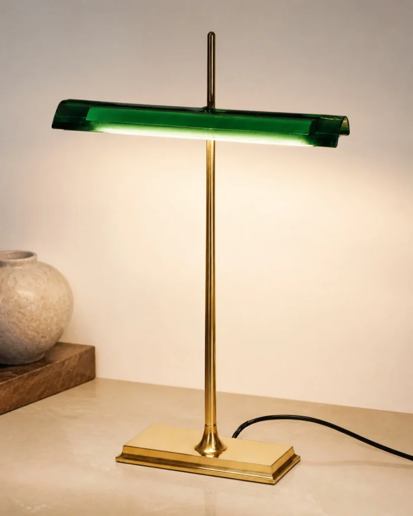 Akku-Schreibtischlampe MONA, klassische Bankerlampen-Form – Grün, an einem Arbeitsplatz