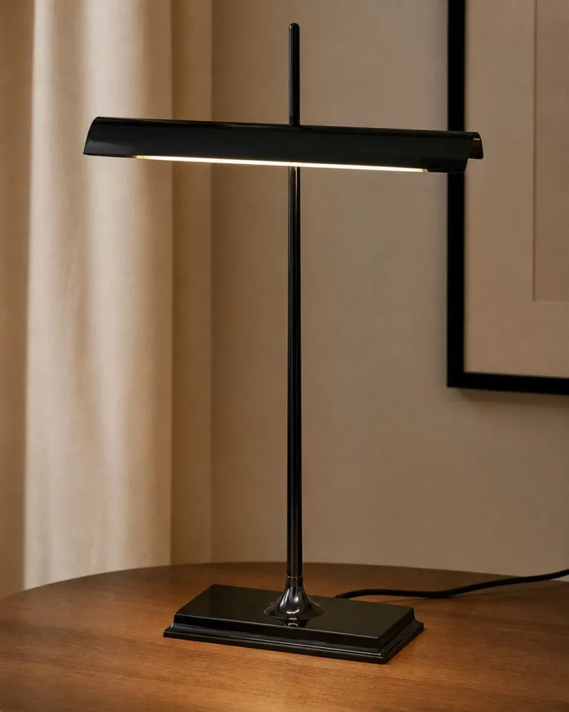 Akku-Schreibtischlampe MONA, klassische Bankerlampen-Form – an einem Arbeitsplatz