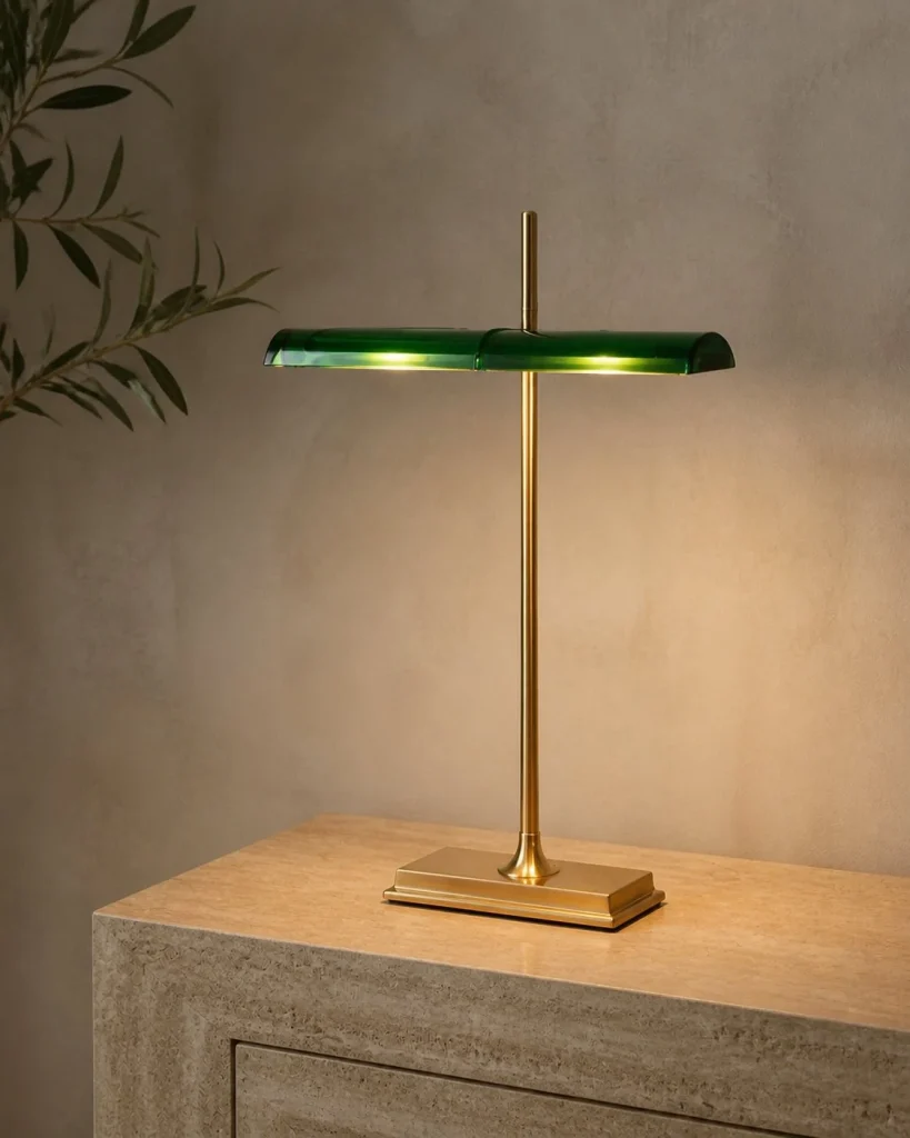 Akku-Schreibtischlampe MONA, klassische Bankerlampen-Form – an einem Arbeitsplatz