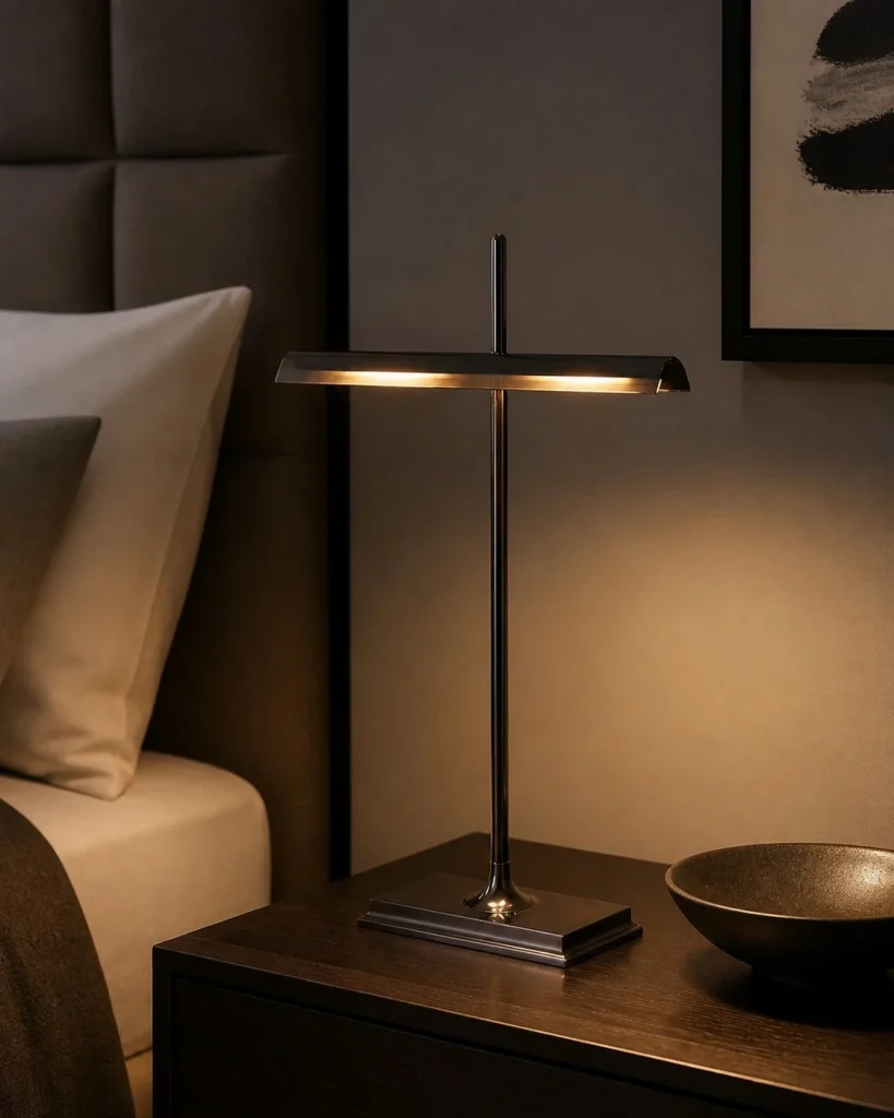 Akku-Schreibtischlampe MONA, klassische Bankerlampen-Form – auf einem Nachttisch