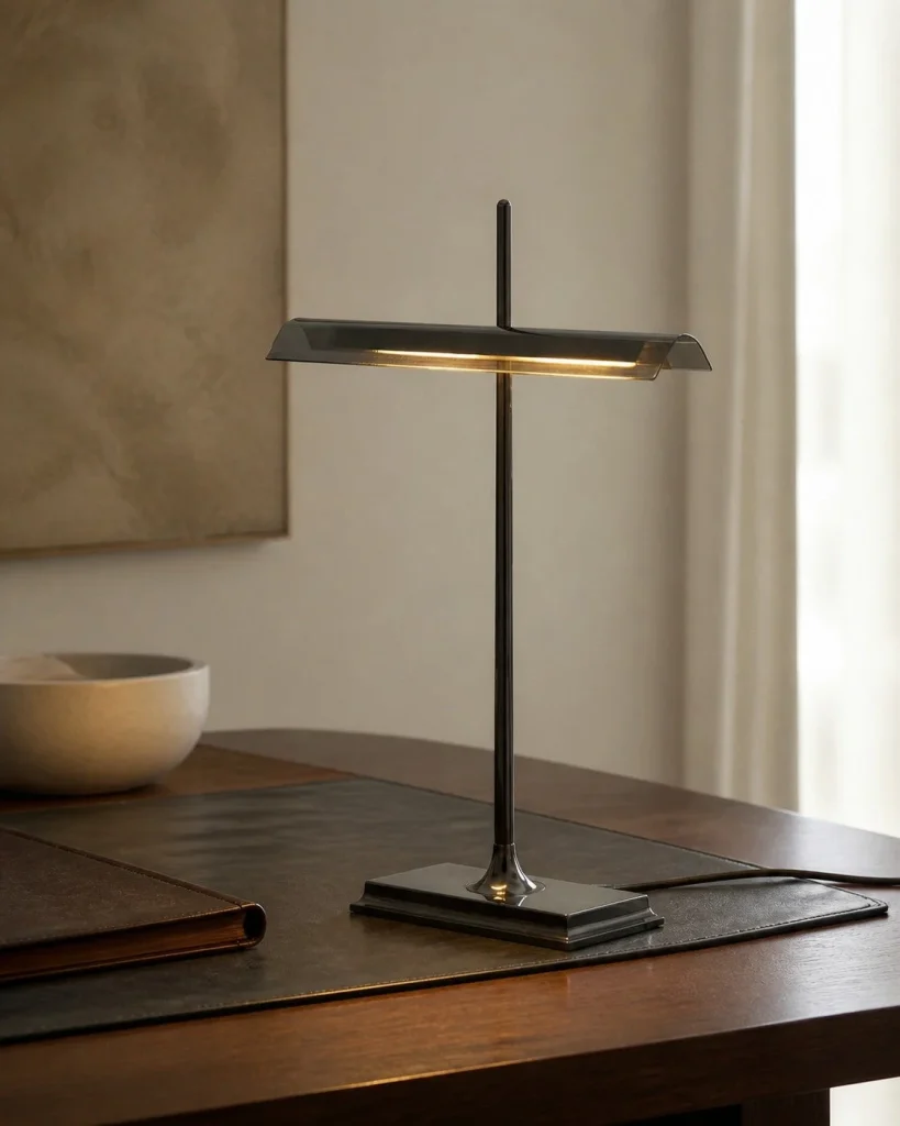 Akku-Schreibtischlampe MONA, klassische Bankerlampen-Form – an einem Arbeitsplatz