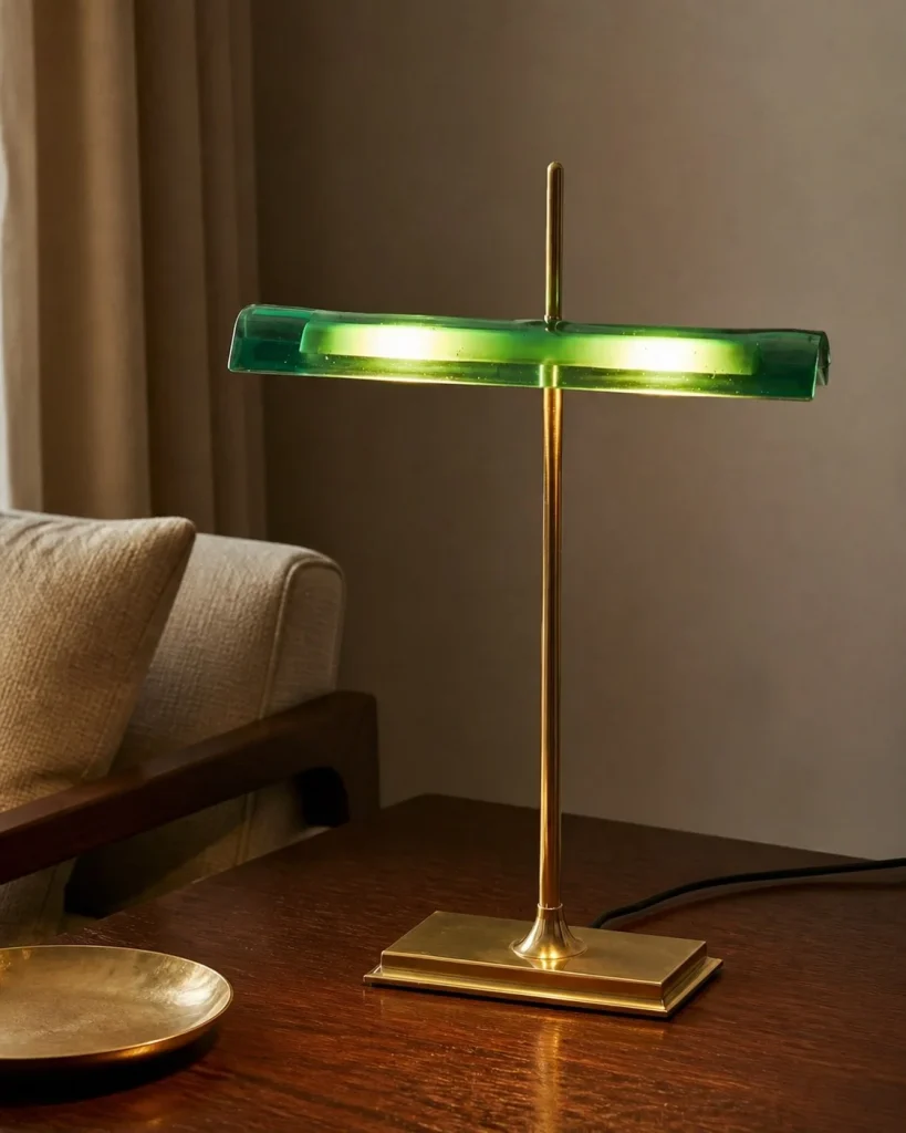 Akku-Schreibtischlampe MONA, klassische Bankerlampen-Form – in einem Wohnbereich