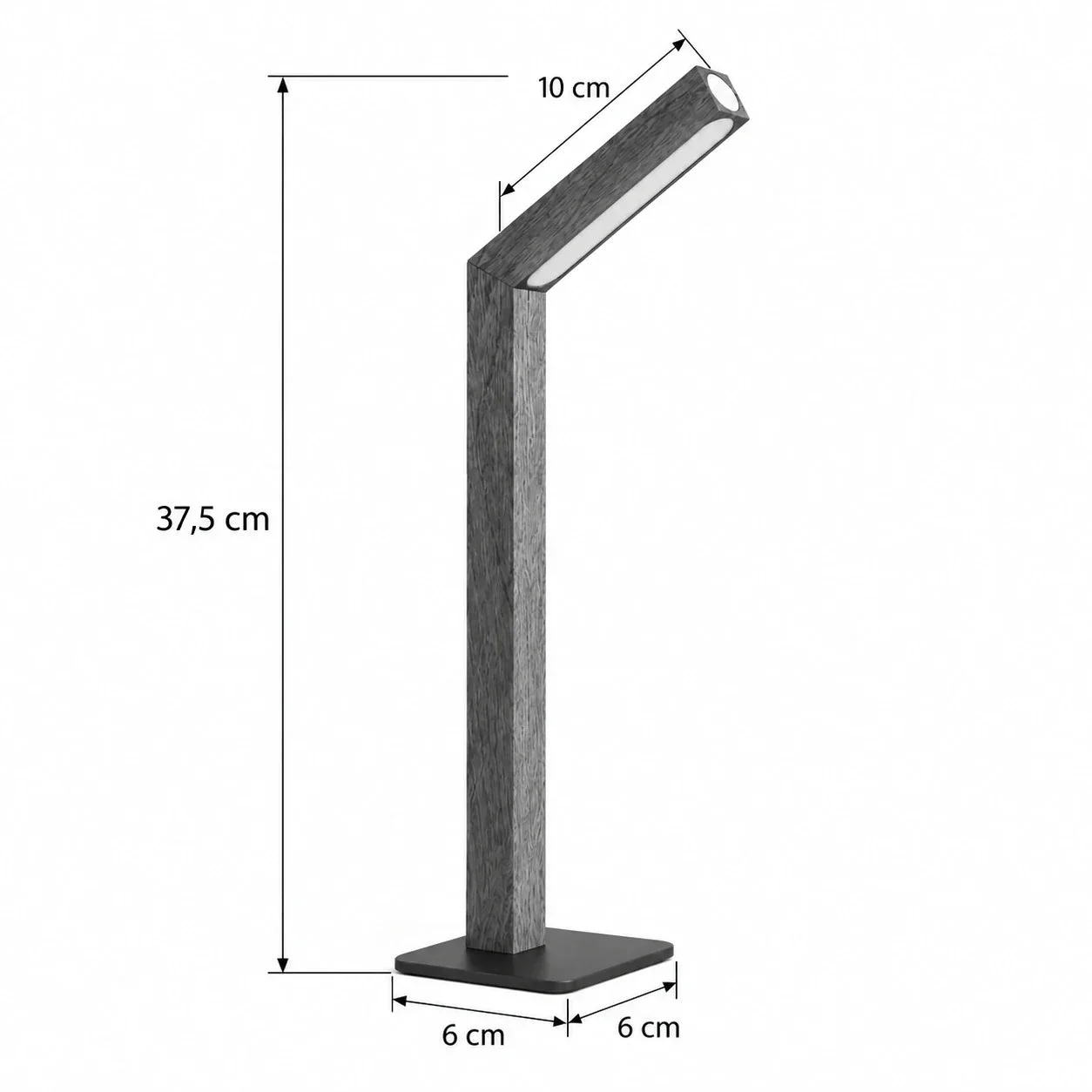 Masszeichnung – Gesamthöhe: 37,5 cm, Sockelbreite: 6 cm × 6 cm, Länge des Leuchtenkopfs: 10 cm, Gewicht: Ca. 500g