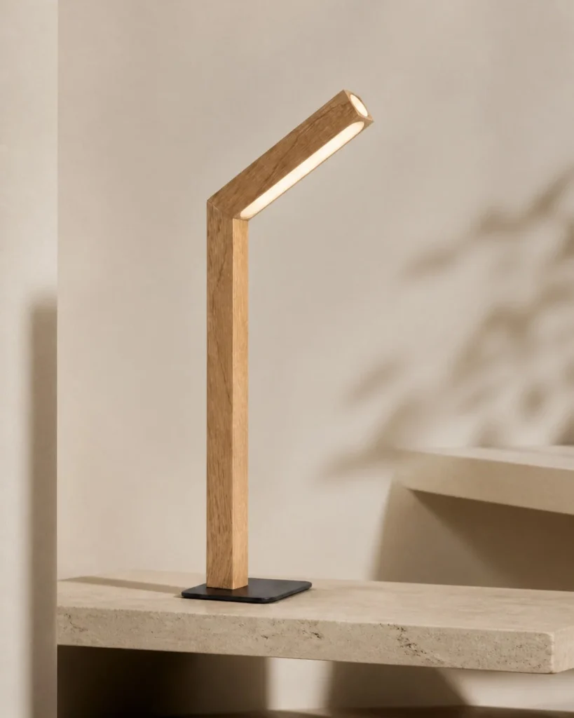 Akku-Schreibtischlampe WOODI, Holz im Japandi-Stil – in einer Raumszene