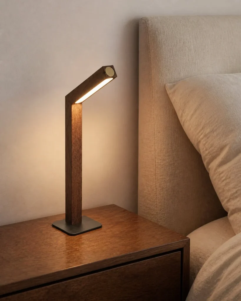 Akku-Schreibtischlampe WOODI, Holz im Japandi-Stil – auf einem Nachttisch