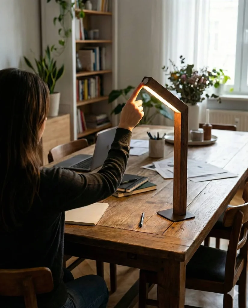 Akku-Schreibtischlampe WOODI, Holz im Japandi-Stil – an einem Arbeitsplatz