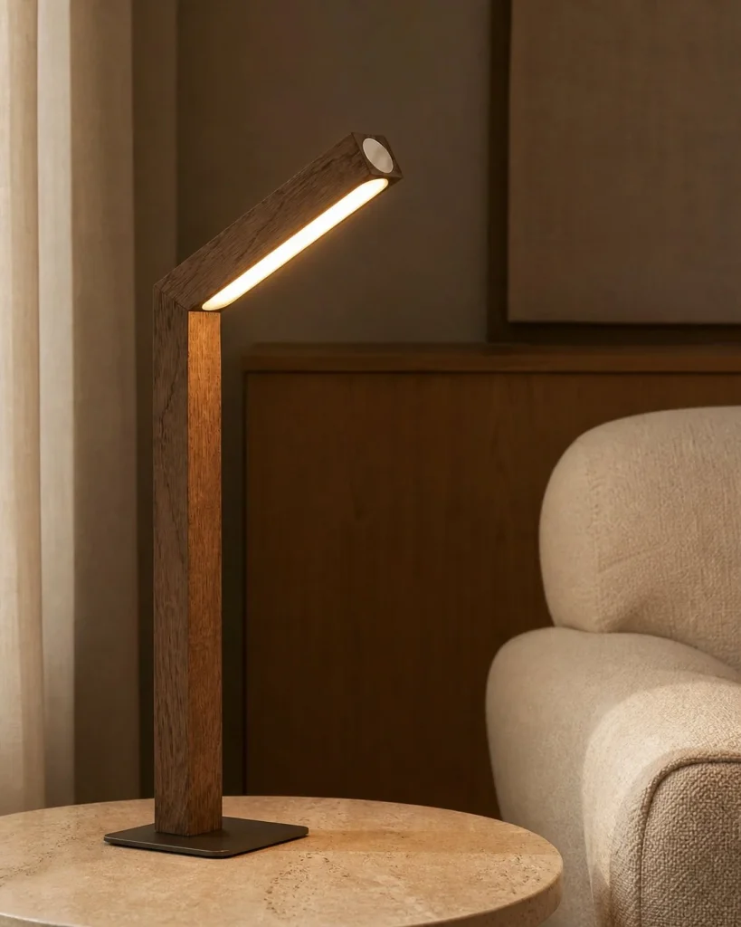 Akku-Schreibtischlampe WOODI, Holz im Japandi-Stil – in einem Wohnbereich