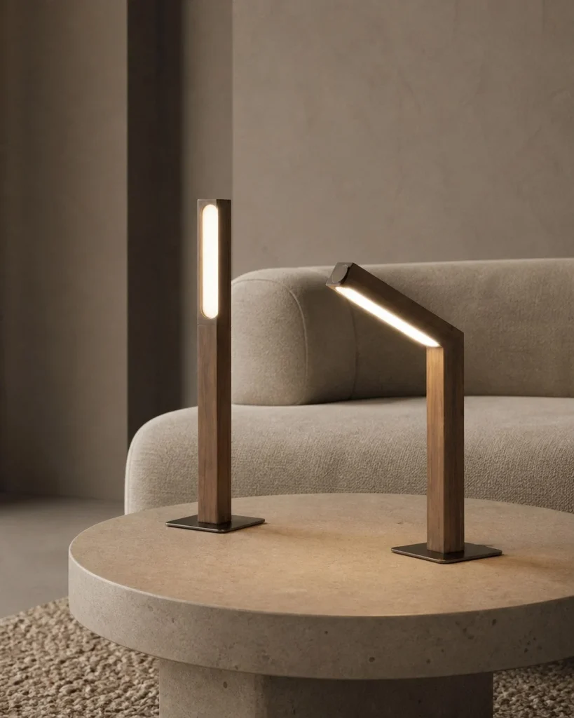 Akku-Schreibtischlampe WOODI, Holz im Japandi-Stil – in einem Wohnbereich