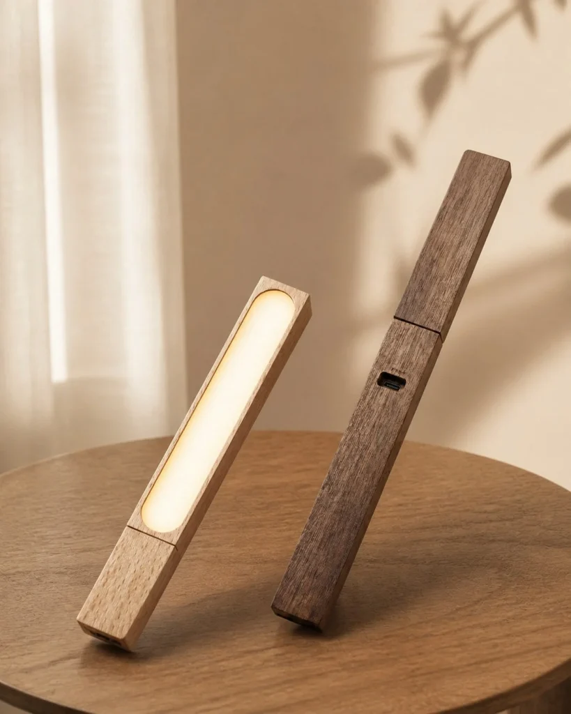 Akku-Schreibtischlampe WOODI, Holz im Japandi-Stil – auf einem Couchtisch