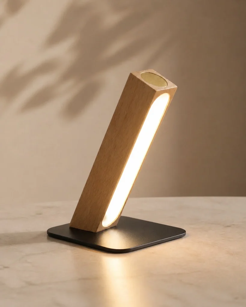 Akku-Schreibtischlampe WOODI, Holz im Japandi-Stil – Produktansicht