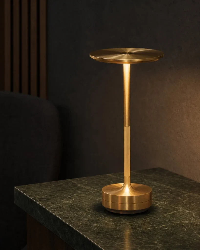 Akku-Tischlampe LIRI, Aluminium und Acryl mit Touch-Dimmung – Gold, in einer Raumszene