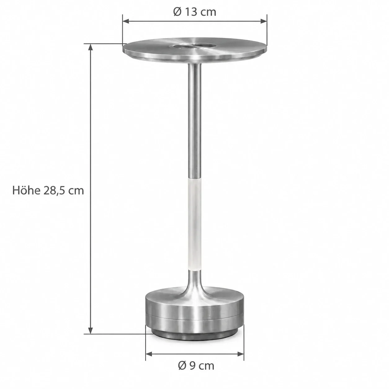 Masszeichnung – Gesamthöhe: 28,5 cm, Durchmesser oben: 13 cm, Sockeldurchmesser: 9 cm