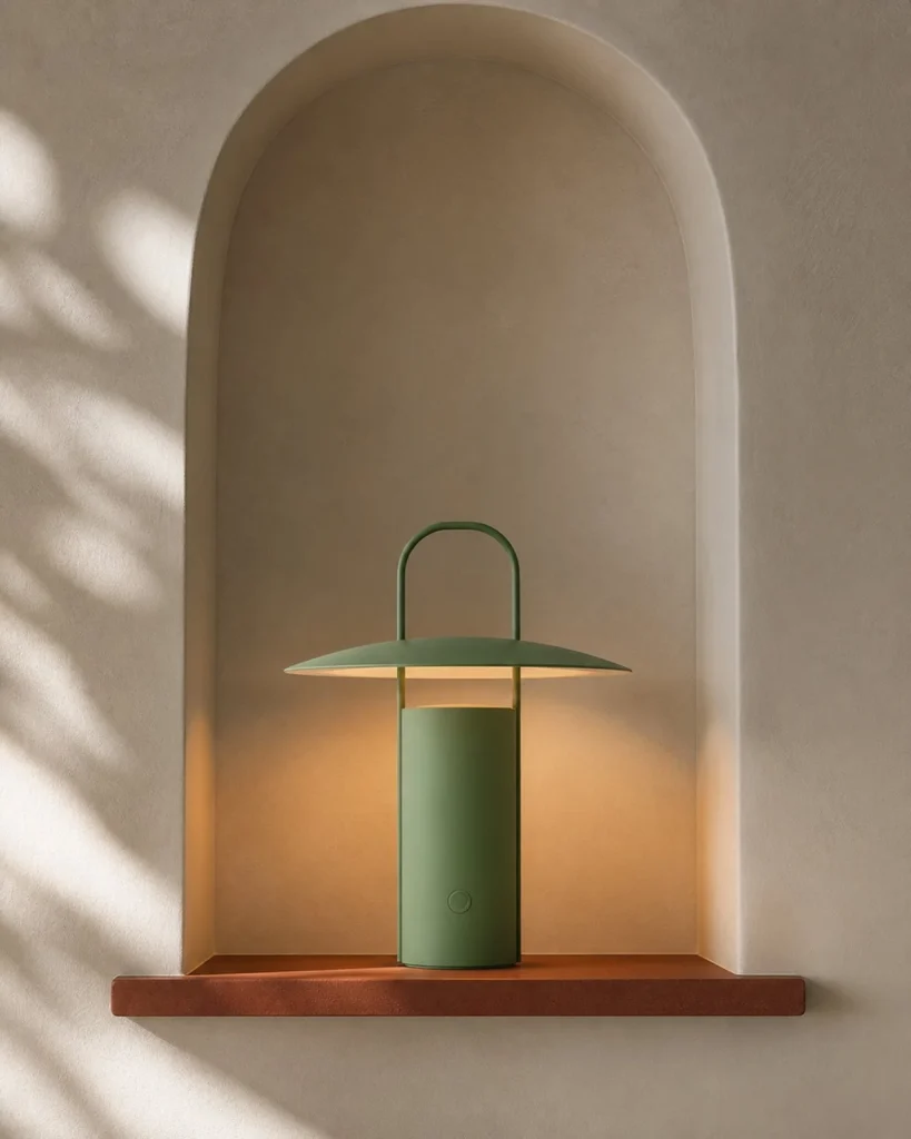Akku-Tischlampe ORKA, Aluminium mit Touch-Steuerung – Grün, in einer Raumszene