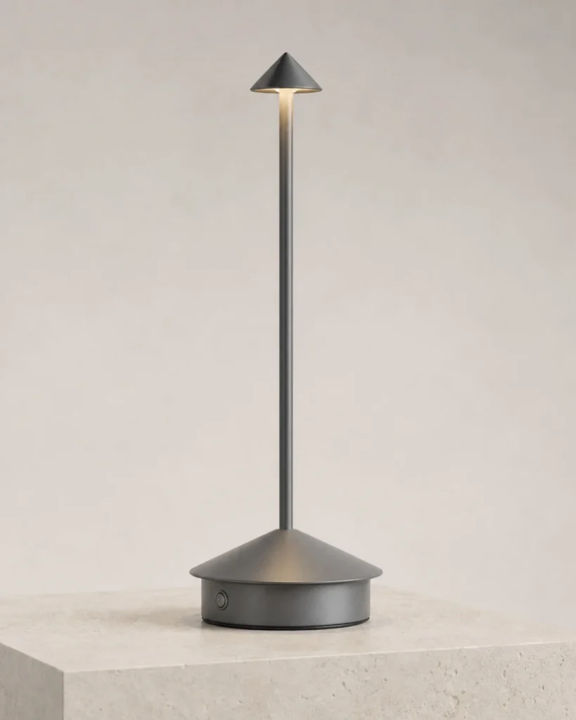 Akku-Tischlampe MIRO, Aluminiumkegel mit Touch-Dimmer – Grau, Detailansicht