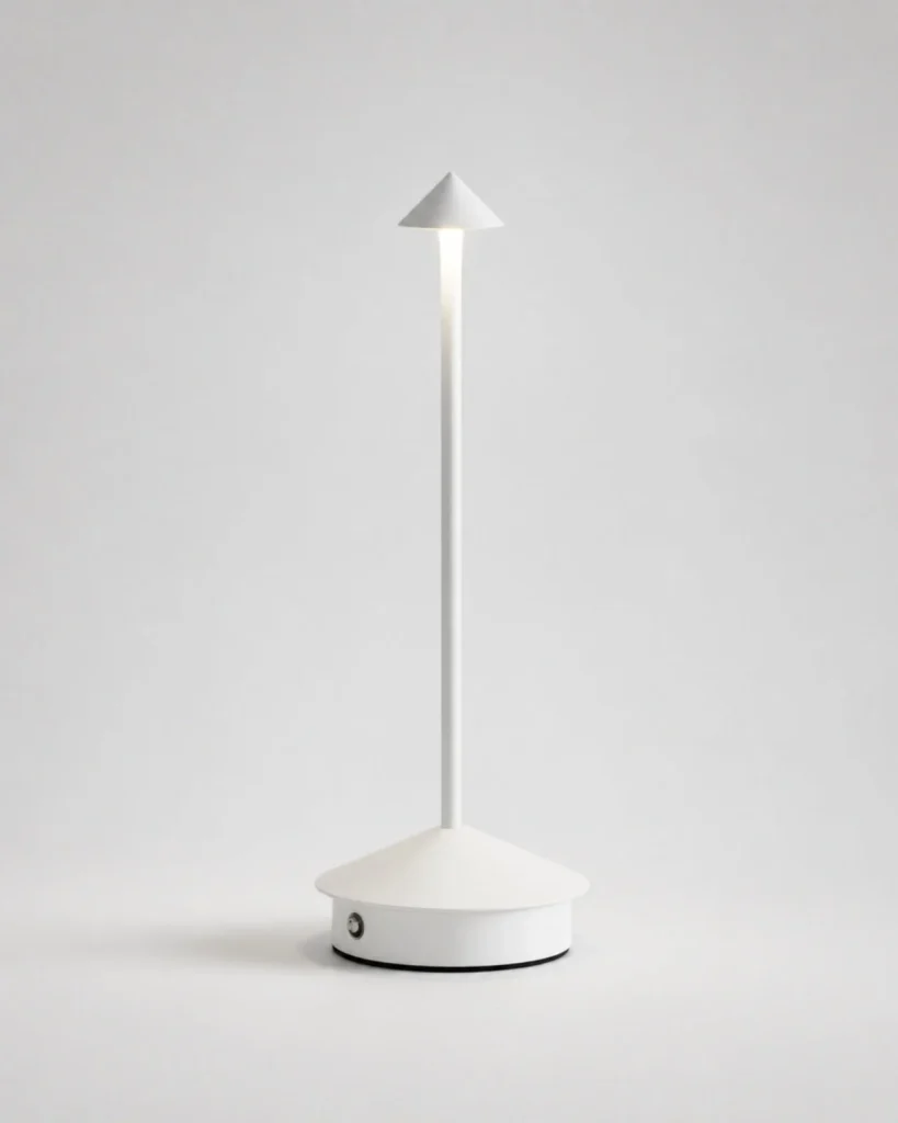 Akku-Tischlampe MIRO, Aluminiumkegel mit Touch-Dimmer – Weiss, Produktfoto