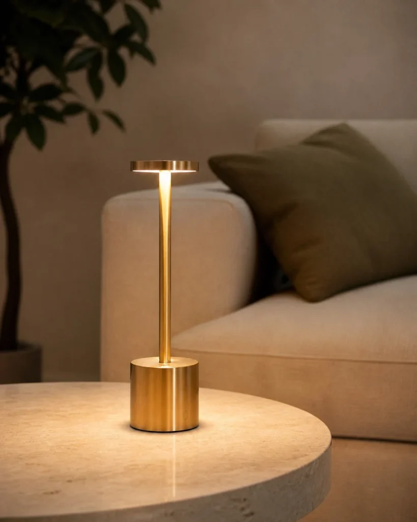 Akku-Tischlampe NOVA, minimalistische Metallleuchte mit USB – in einem Wohnbereich